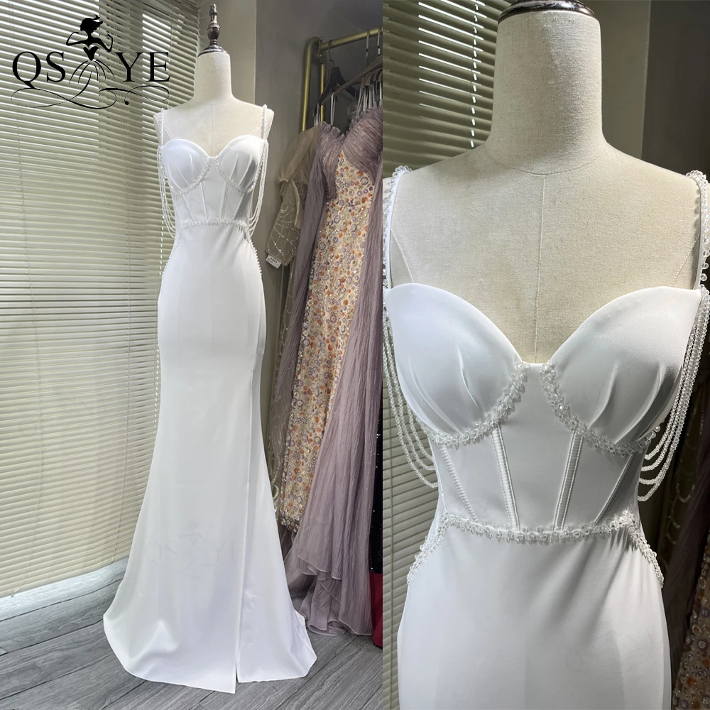 

Luxry Beaded White Prom Dresses Boned Corset Stretch Satin Long Evening Dress Spaghetti Straps Mermaid Woman Formal Dress Slit