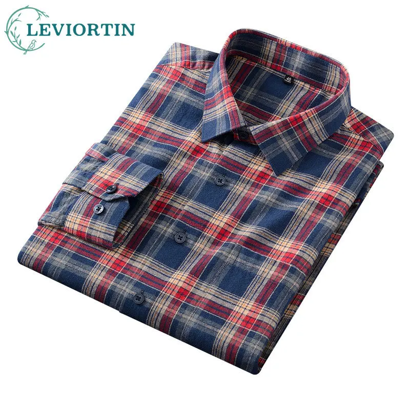 2025 Spring and autumn fashion trend pure cotton brushed shirt men's versatile, simple and casual loose plaid long sleeved shirt