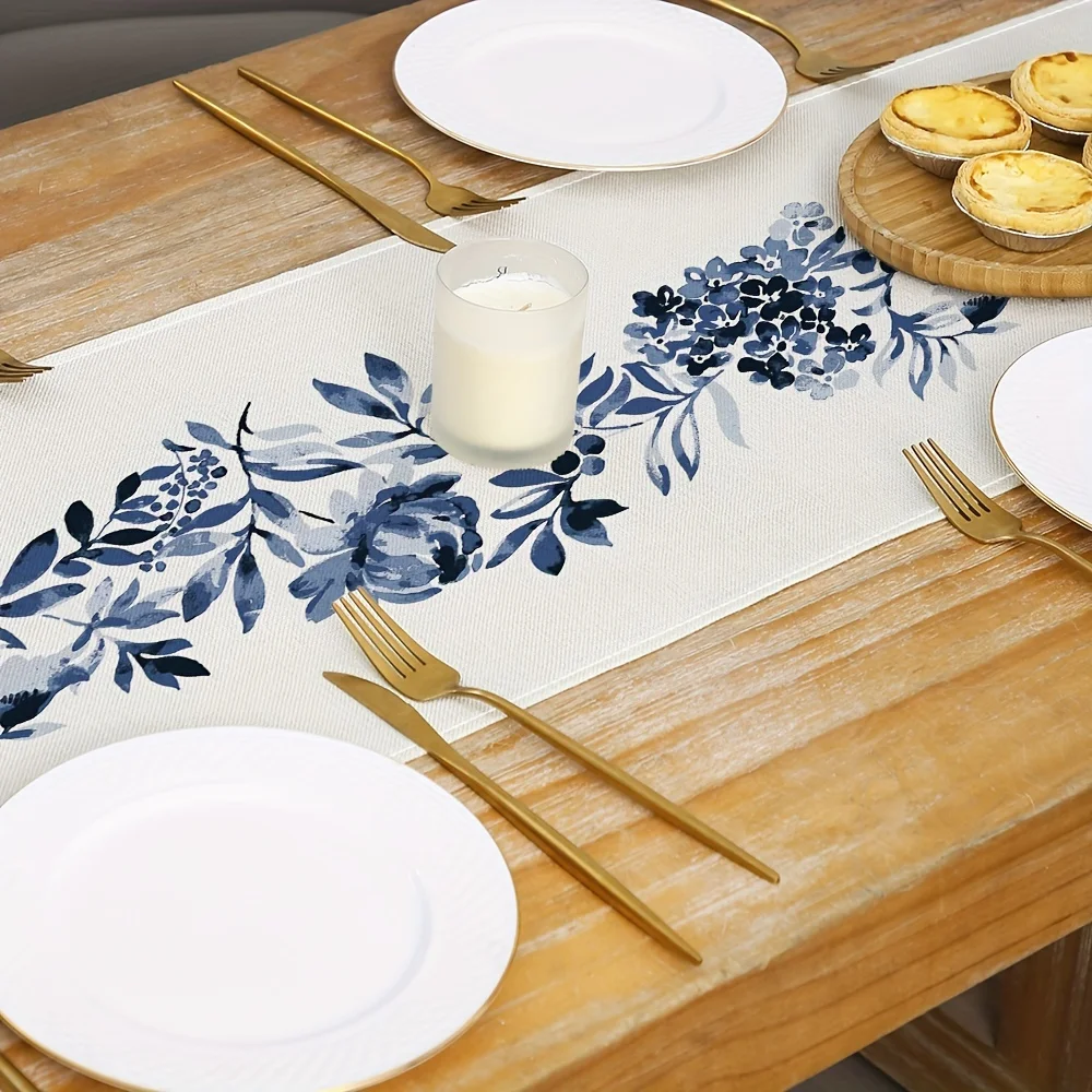 Boho Blue Flowers Linen Table Runners Dresser Scarf Table Decor Kitchen Dining Table Decor Farmhouse Holiday Wedding Party Decor