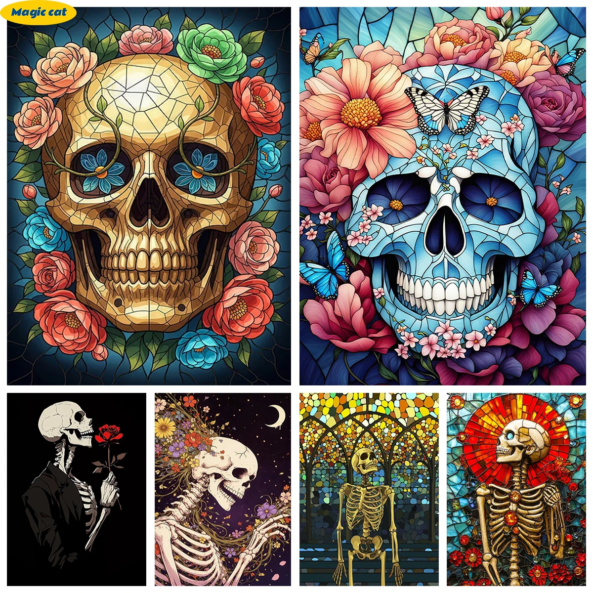 Glass style skull and rose 5D Diy Diamond Painting Horrible Skull Flowers Diamond Embroidery Living Room Home Wall Decor Gothic