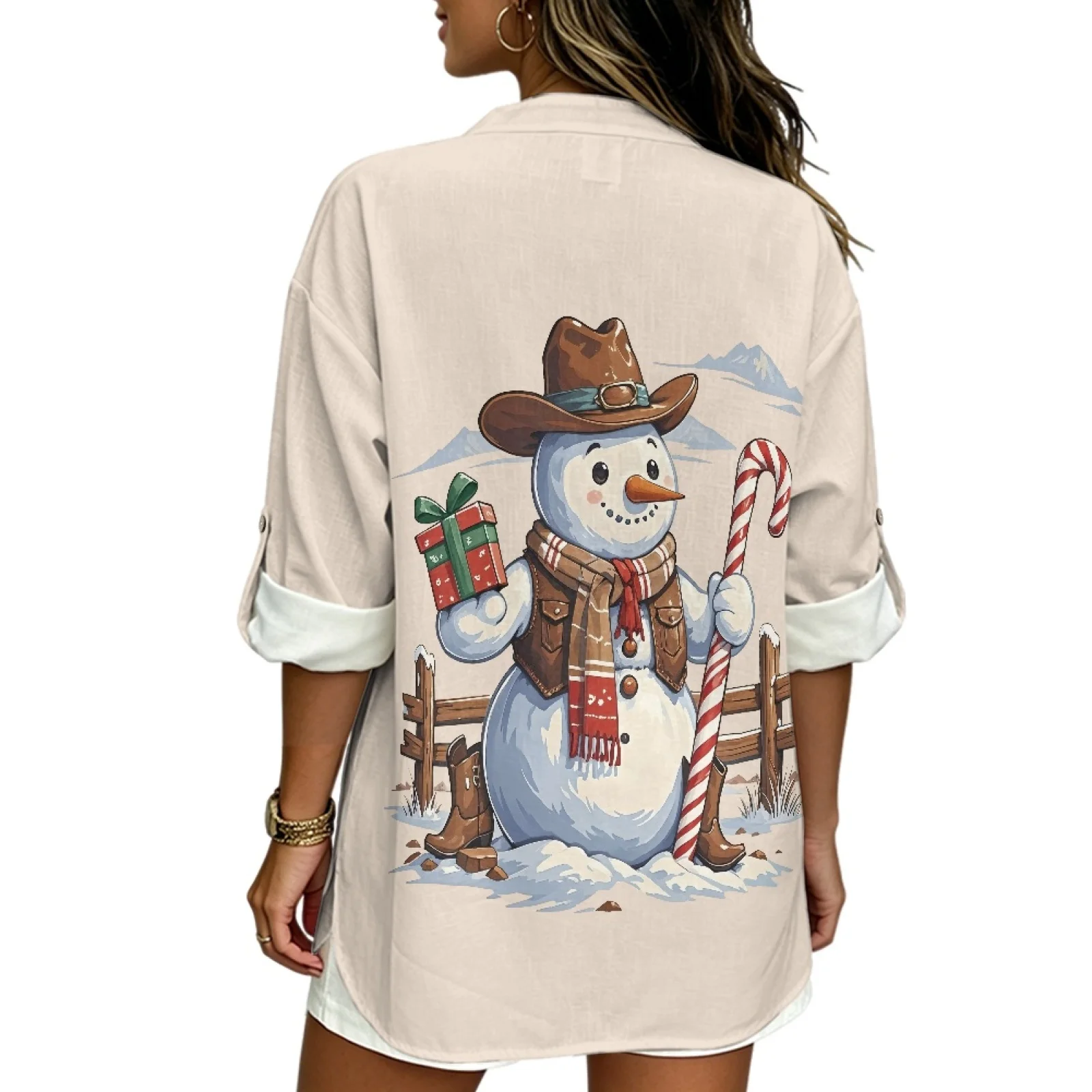 PENSTROLL Cowboy Snowman Linen Style Blouse for Resort Gatherings Trendy Tunic Blouse Women's Tops