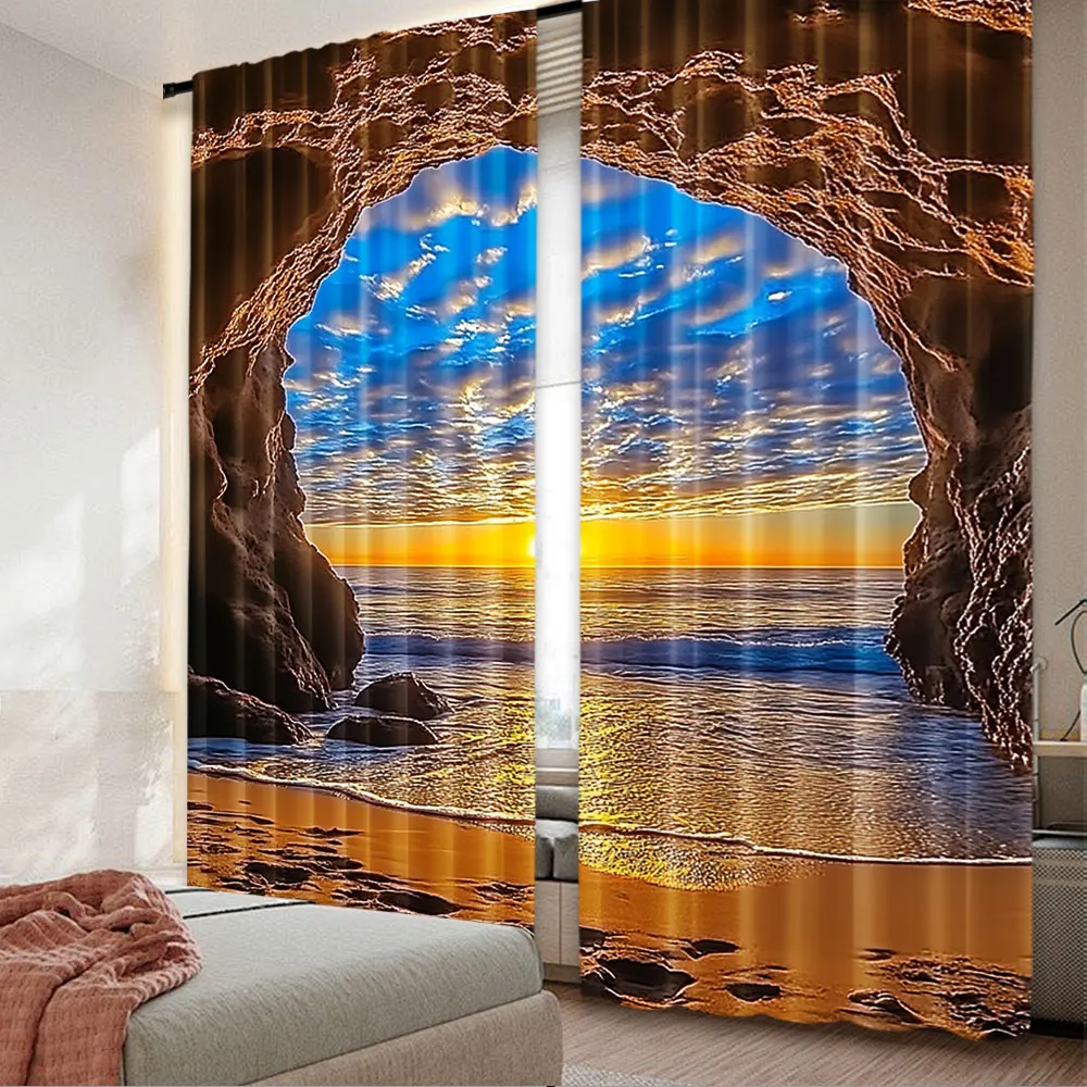 

2Pcs Sea Cave Curtains Seaside Island Scenery Sunrise And Sunset Scenic Curtains Nature Landscape Curtains