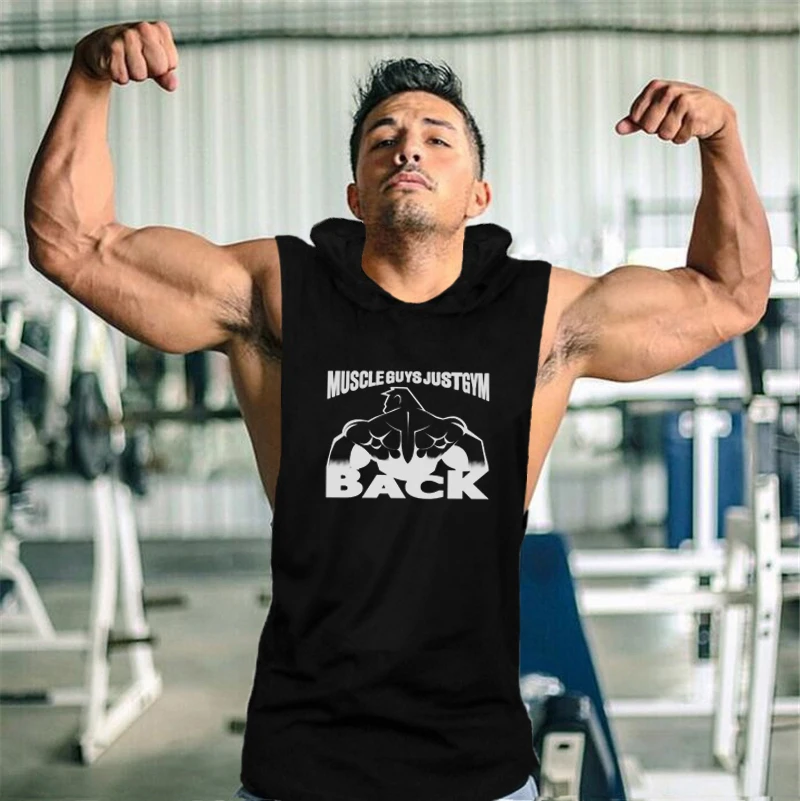 Mens Hooded Running Vests Bodybuilding Stringer Hoodies Sportswear Fitness Tank Tops Men Gym Clothing Cotton Pullover Hoody