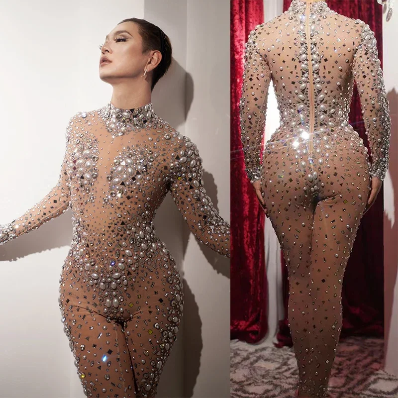 

Эластичный комбинезон со стразами, костюм Drag Queen, бар Gogo, одежда для танцора, одежда для дня рождения, рейв-наряд, клубная одежда для взрослых