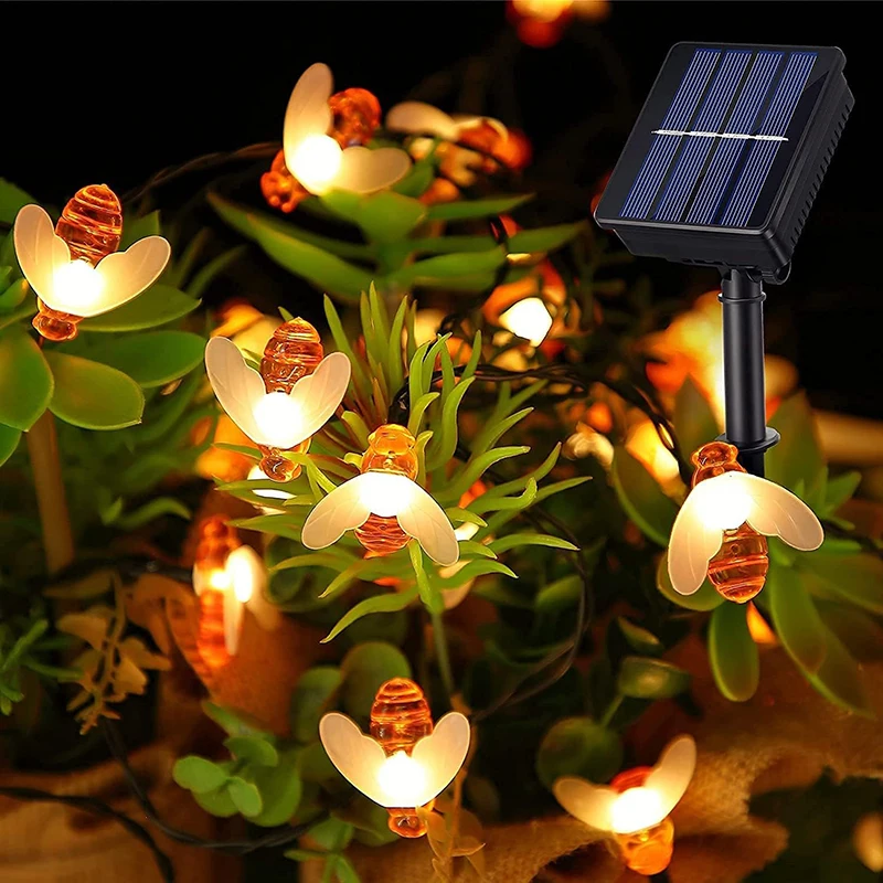 LED Solar Mini Honey Bee Shape Led String Lights Zewnętrzne wodoodporne światła Dekoracja Patio Holiday Party Garden Dekoracja LED