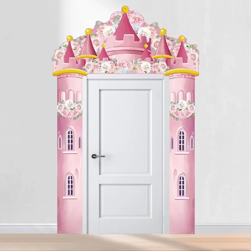 Bannière plate 2D 3 pièces, rideau Château de Princesse – Fond de château rose, toile de fond photo princesse suspendue pour fêtes d'anniversaire, wsj