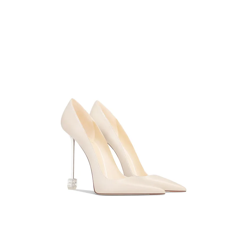 

2025 New Pointed Toe Stiletto Heels Women Genuine Leather French Elegant Dress Shoes Beige