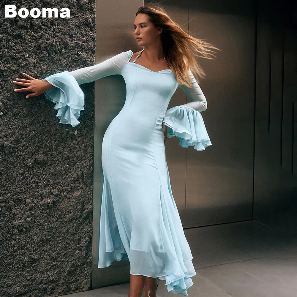 

Booma Elegant Ruched Evening Dresses Gown Vestidos De Fiesta Sky Blue Chiffon Full Sleeves Long Prom Gown Ankle Length For Party