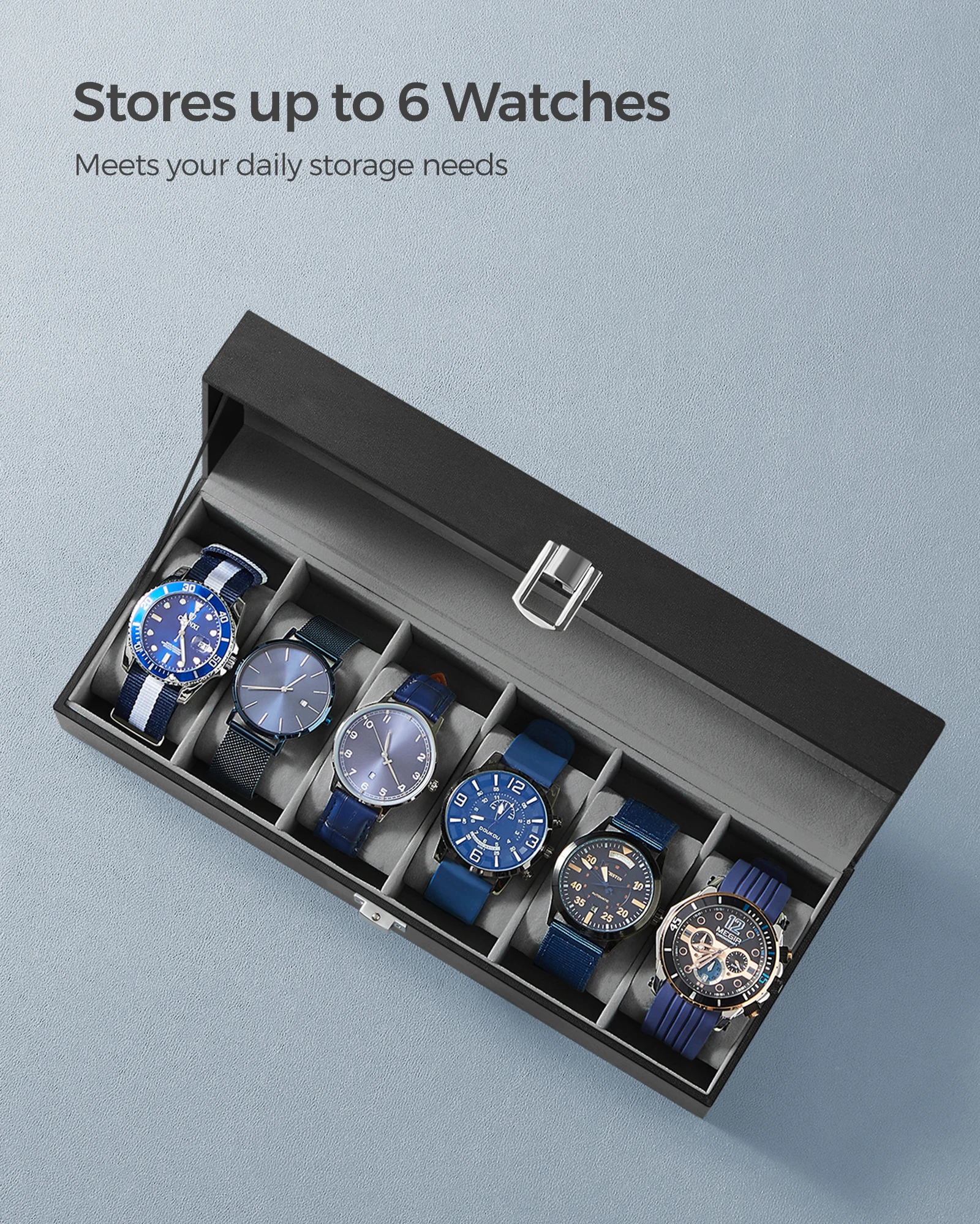 SONGMICS Watch Box with 6 Slots, Watch Case with Glass Lid, Watch Display Box with Removable Watch Pillows, Metal Clasp