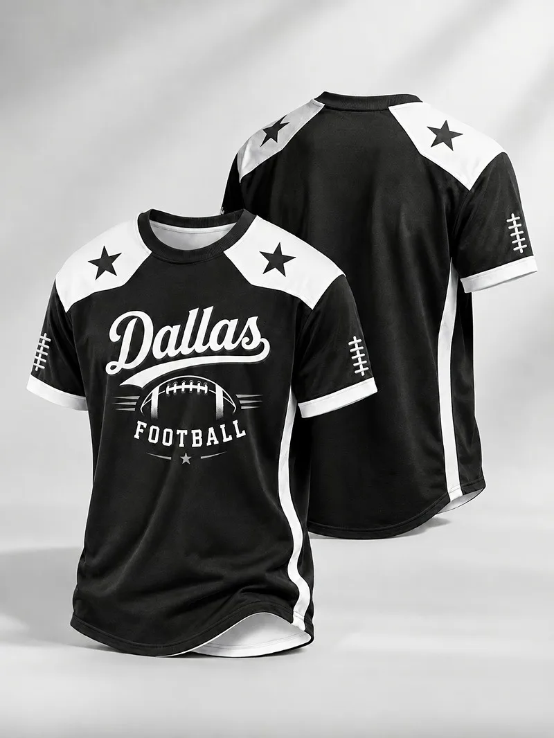 Fashion Men's Dallas Rugby Pattern Short Sleeve T-Shirt Top Summer Lightweight and Breathable Quick Drying Sport Men's Clothing