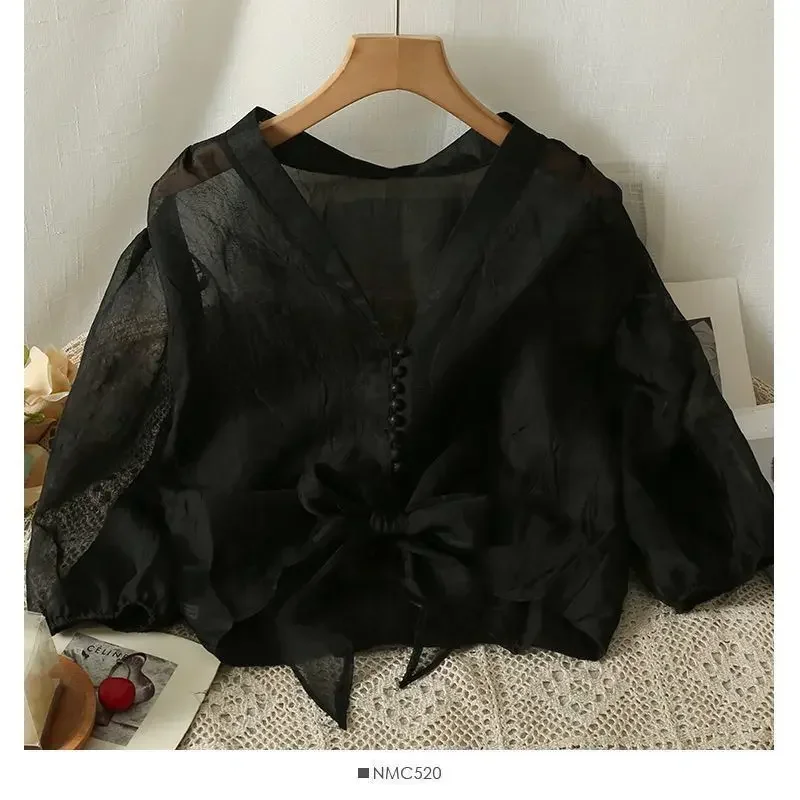 

Fashion Design Niche Puff Sleeve Shirt Women French Thin Lace-up Sunscreen Chiffon Top