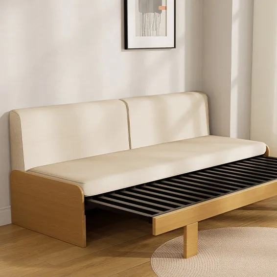 Telescopic bed, small apartment, living room, solid wood folding sofa bed, dual-purpose double, single sitting and sleeping bed,