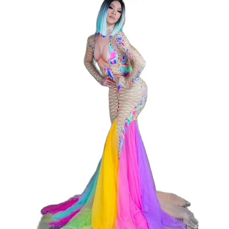 

Fashion Colorful Mesh Bandage Printed Long Dress Big Elastic Crystals Trailing Dress Prom Singer Bar Party Celebration Costume