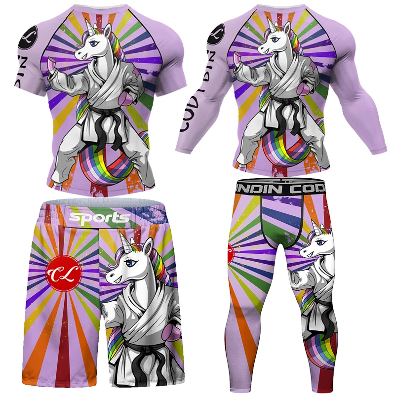 Nowa koszulka kompresyjna męska koszulka Mma Rashguard + zestaw spodni ochrona przeciwsłoneczna odzież sportowa druga skóra Bjj szorty MMA bokserska