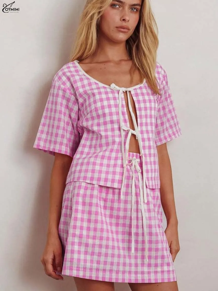 

Oymimi Elegant Pink Print Two Piece Outfits Woman Casual O-Neck Short Sleeve Lace-Up Shirts + Drawstring Mini Skirts Female Sets