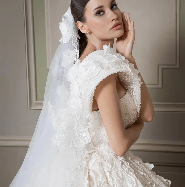 Customzied Gorgeous Appliques One Shoulder Shining Ball Gown Wedding Dresses 3D Flowers Beading Vestidos De Novia Backless