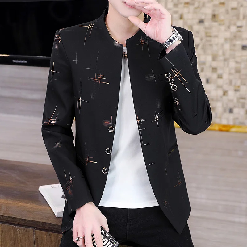 Spring Autumn Collarless Suit Jackets Men Korean Slim Fit Casual Business Blazers Office Social Hairstylist Coats Men Clothing