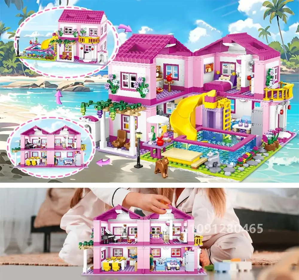 Cidade rua vista casa férias de verão villa castelo bloco de construção meninas série piscina tijolos diy montado brinquedos crianças presente