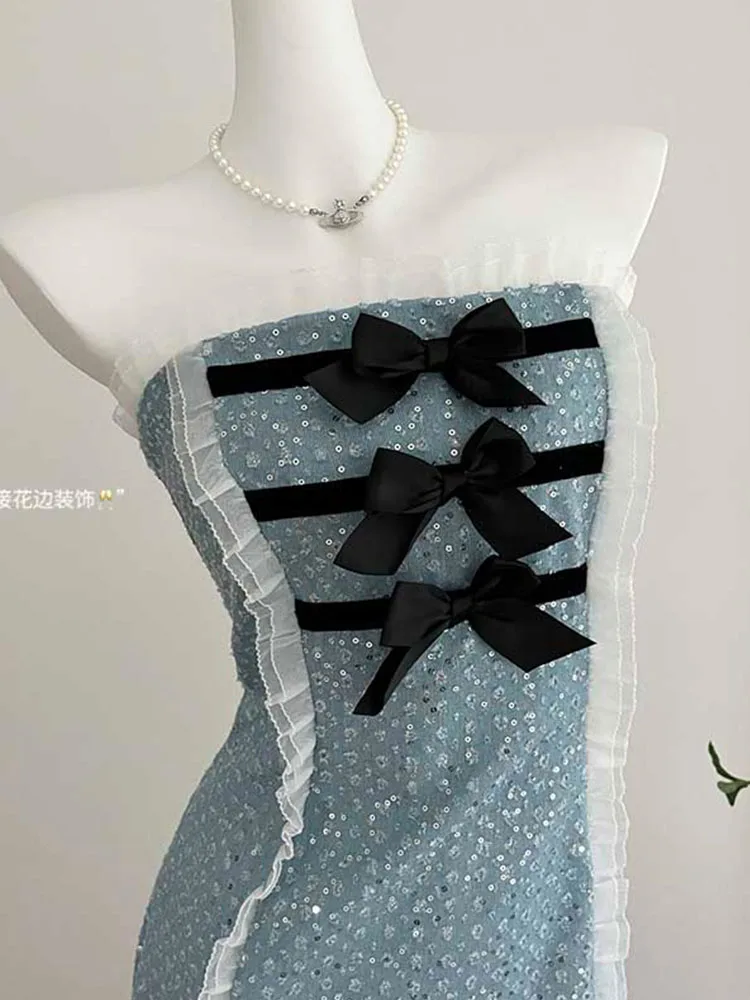 American Style Trend Blue Bow Chest Wrapping Dress Women Sexy Slim Wrap Hip Corset Frocks Summer 2024 New Design Cozy One-Piece