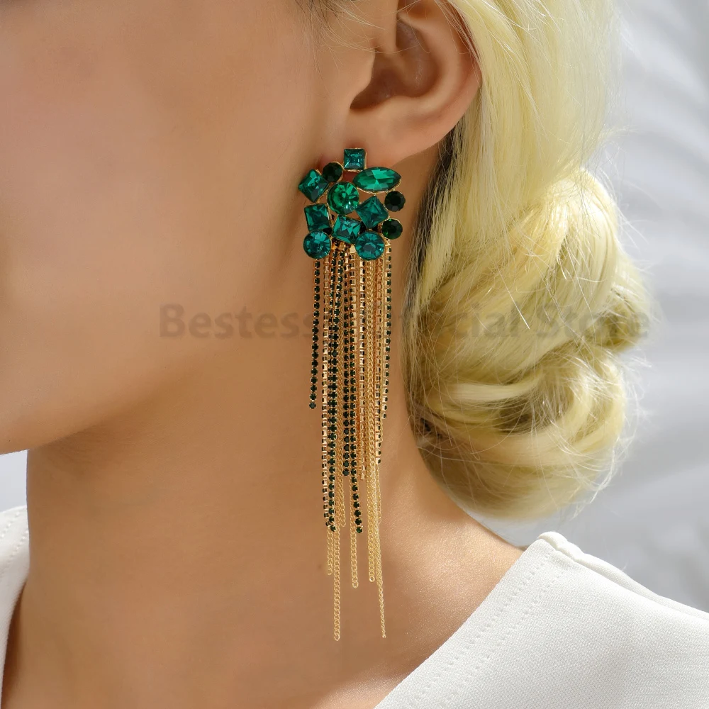 

Fashion Metal Chain Tassel Rhinestone Earrings For Women Long Hanging Luxury Jewelry Wedding Party Elegant Vintage Accessories
