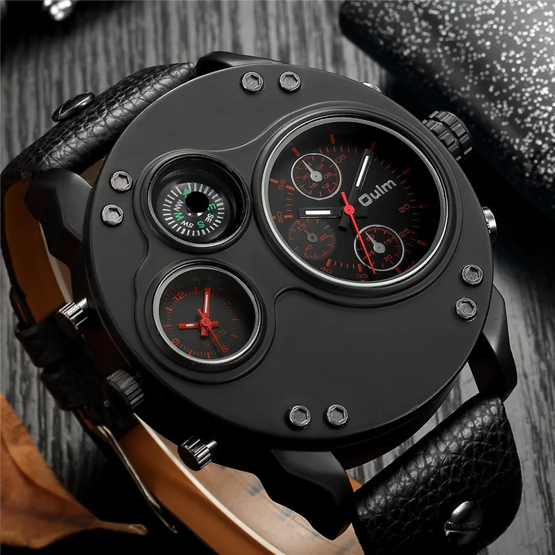 Fashion Oulm Top Brand Hp3741 Unique Men's Two Time Zone Quartz 3d Big Dial Casual Male Sport Compass Watch Relogio Masculino