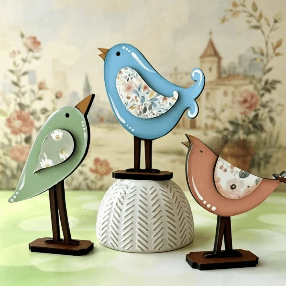 3pcs Nordic Style Wooden Bird Statue Home Decoration Flower Seabird Ornaments Sculptures Patchwork Desktop Ornaments
