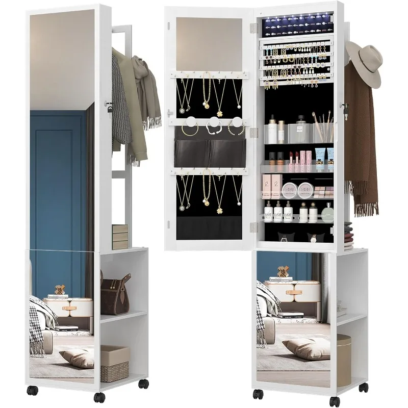 8 LED Jewelry Cabinet, 64.8 Inch Jewelry Organizer with Hangers, Lockable Full Length Mirror, Storage Rack with Hooks