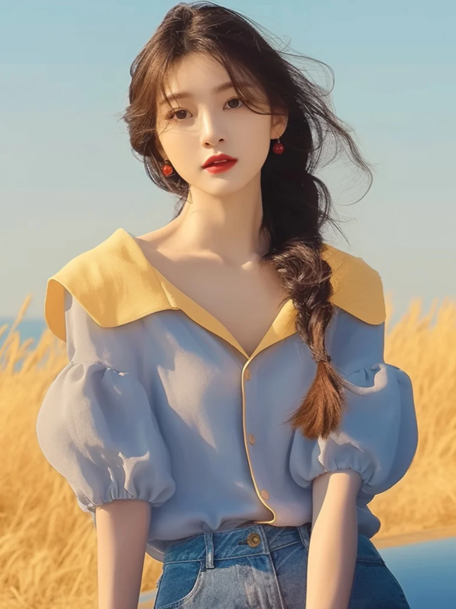 

Sweet Spicy ort Sve Loose Bubble Sve Женский летний топ с воротником irt для похудения Pure Color Commute Korean Sle