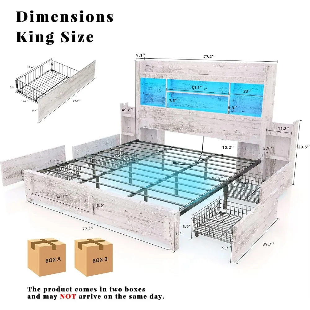 King Bed Frame  Bookcase Headboard & 2 Bedside Stoage Racks & 4 Drawers, Farmhouse Wood Bed Frame with RGB LED &Charging Station