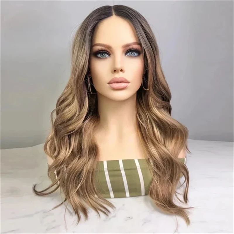 New In Ombre Brown Blonde Balayage Luxury Synthetic Lace Front Wig with Dark Roots 26'' Long Body Wave Wig Preplucked Hairline