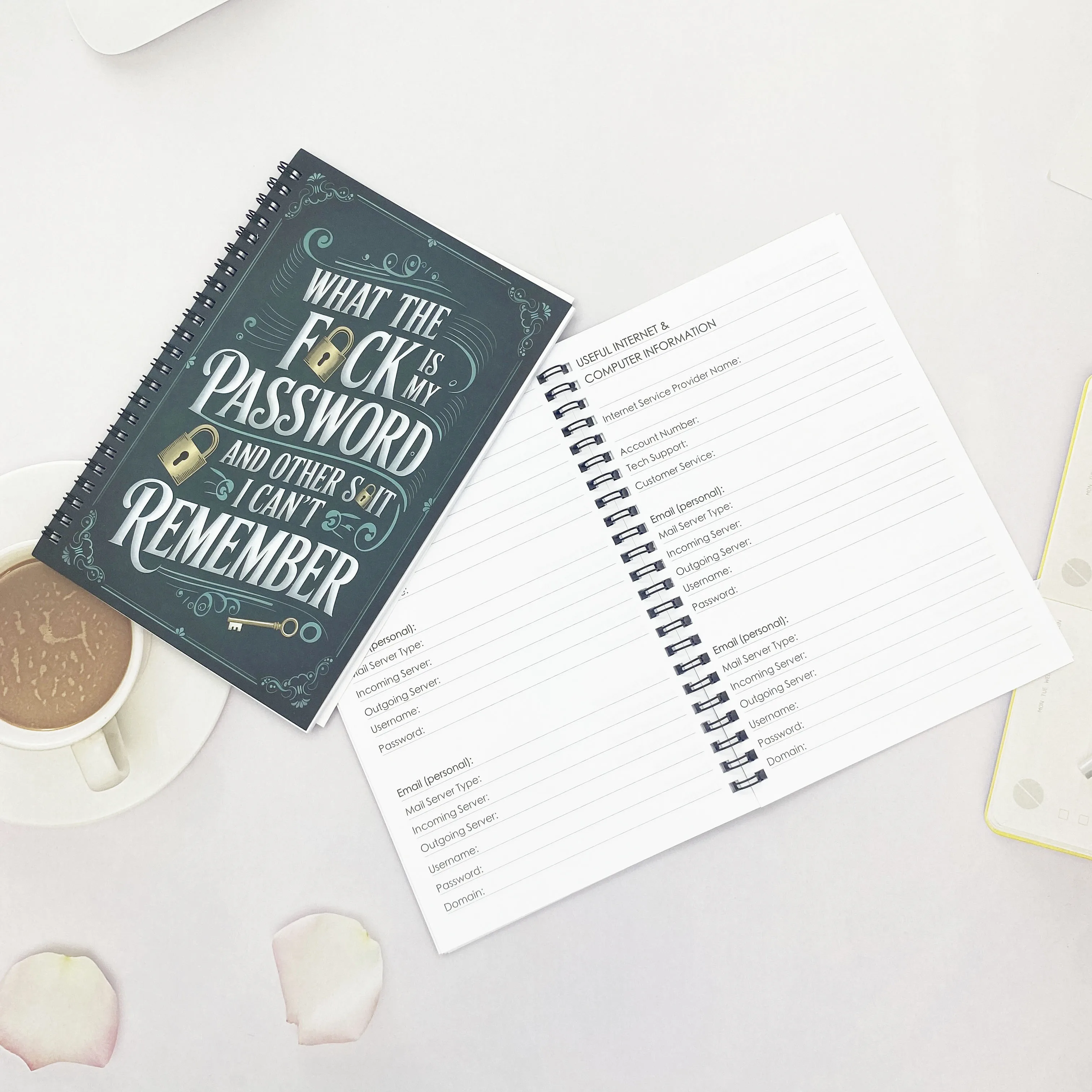 كتاب كلمة المرور الحلزونية |   1 قطعة |   تتبع التسجيلات وكلمات المرور |   استخدام المنزل/المكتب |   تصميم مفتاح الزخرفية