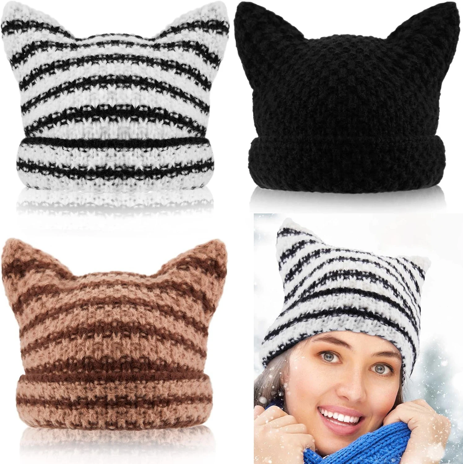 New Y2k Japanese Streetwear Harajuku Beanie Little Devil Striped Knitted Hat Women Girls Autumn Winter Cute Cat Ears Cap, Black