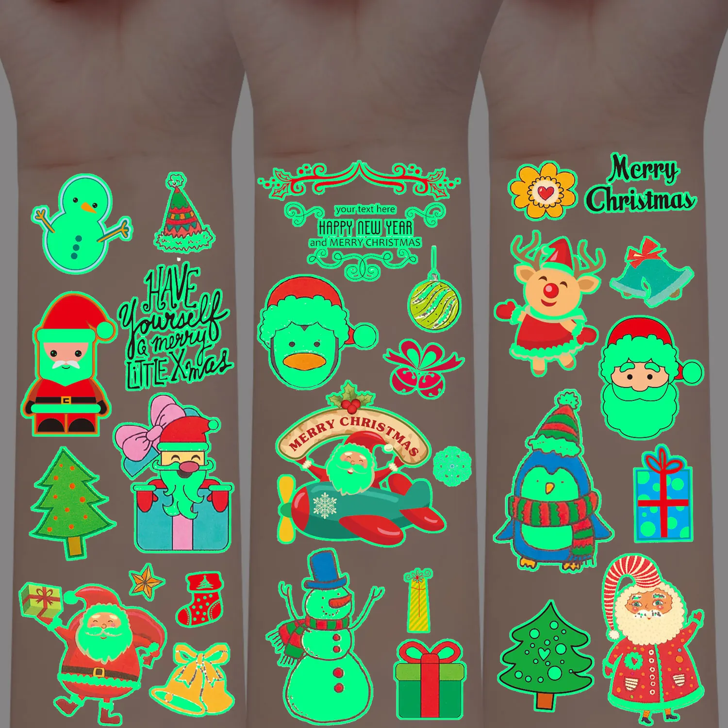 10 Christmas Temporary Tattoos That Glow in the Dark, Luminous Series Tattoo Stickers, 160 Cartoon Christmas Element Pattern Fake Tattoo Stickers, Waterproof and Sustainable for 2-5 Days, Suitable as Christmas Decoration Stickers