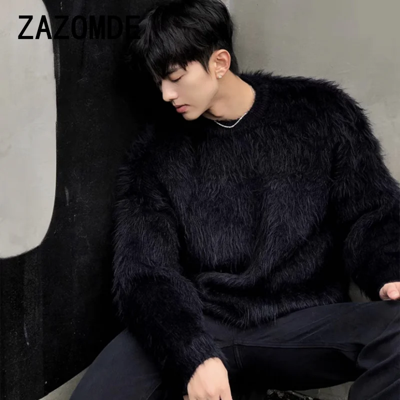 ZAZOMDE 2024 Men Autumn Winter New Oversize Solid Color Knitted Jumpers Male O-neck Sweater Tops Men Long Sleeve Warm Pullovers