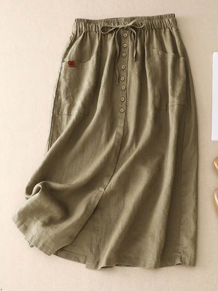 Artistic Large Size Cotton Linen Half Skirt Women's Summer High Elastic Waist Belted Slimming Split A-Line Midi Skirt