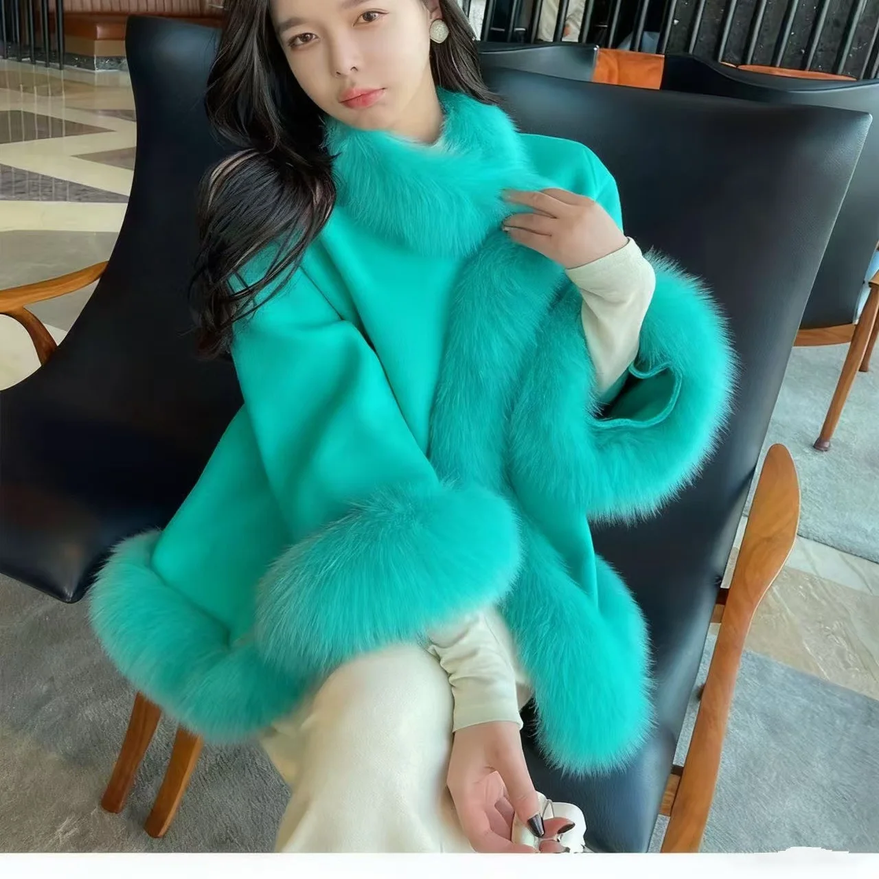 

Женское шерстяное пальто-накидка с мехом, высококачественное, элегантное, зимнее, утепленное