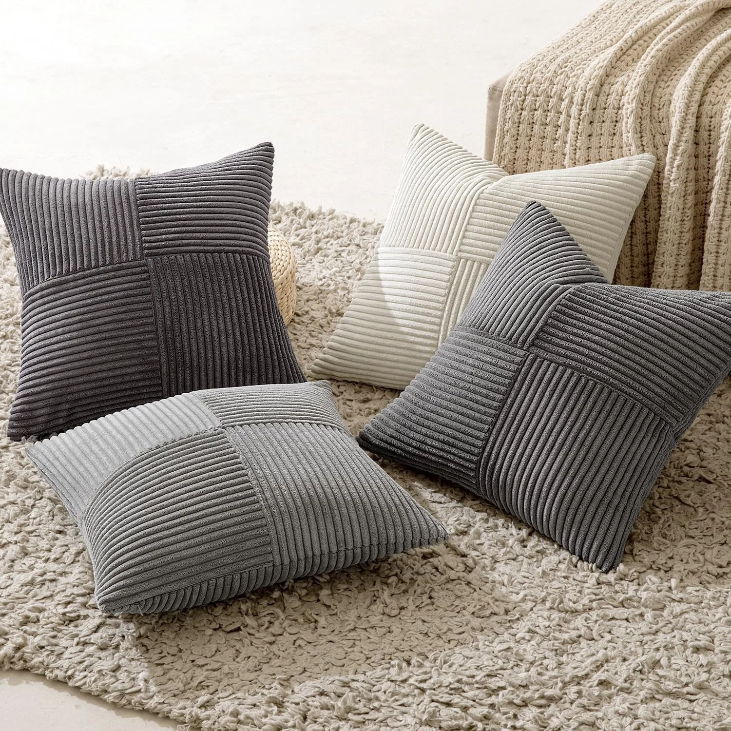 Neutral Grey Decorative Throw Pillow Covers 45x45CM Modern Corduroy Cushion Cases Striped Patchwork Pillow Cases for Couch Sofa