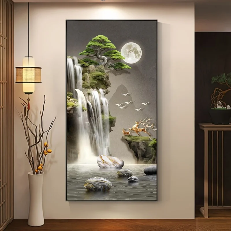Peinture de paysage de lune et de pin abstraite moderne et plate en 2D - Sans cadre. Convient aux salons et aux chambres à coucher, Tranquil Natu