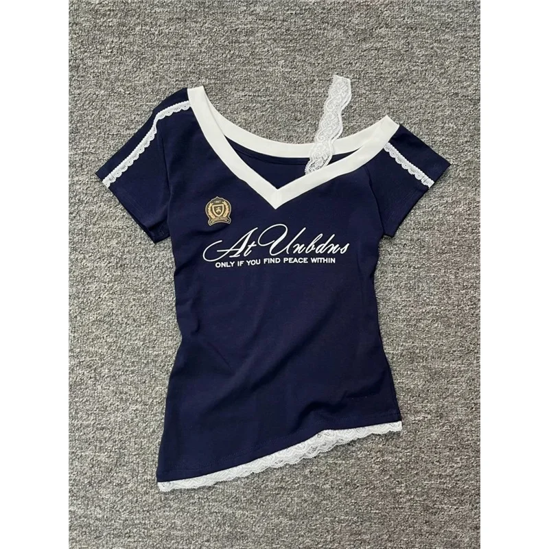 

American Sle Sweet Spicy Girl Lace Fake Two-Piece ort Sve T-irt Women's Summer Ele Slimming Design Spicy Top