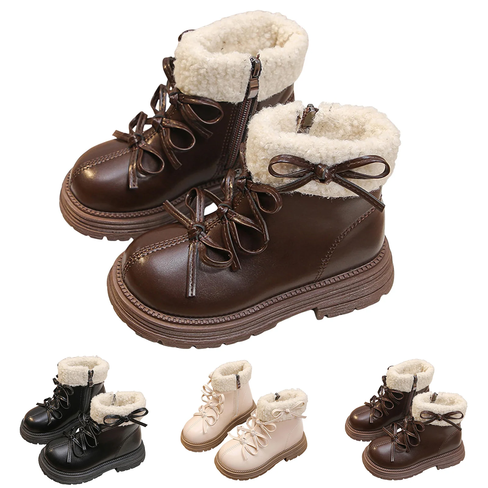 

Children's British-style Single Boot Fashion Snow Boots For Girls Kids Fleece-lined With Bow Decoration Zipper Side Short Boots