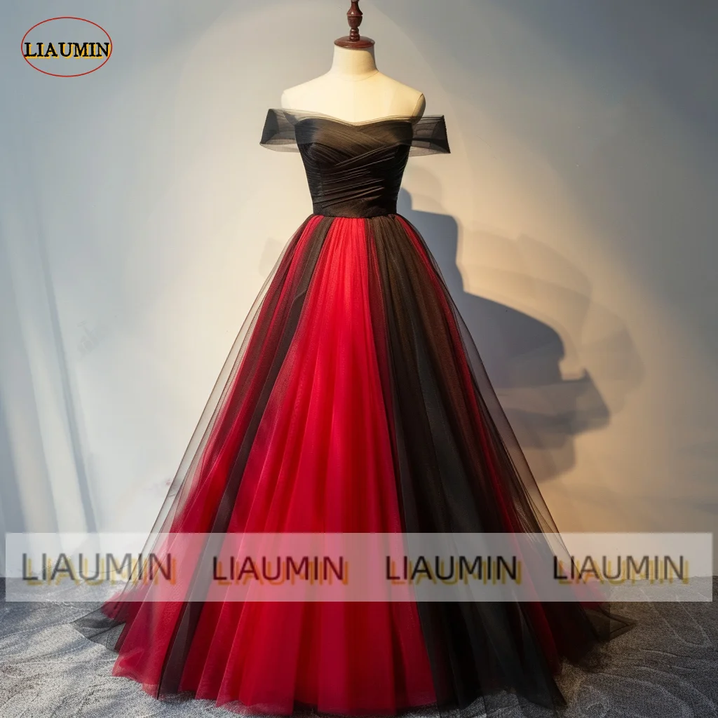 

Red and Black Tulle Off The Shoulder Pleat Full Length Prom Wedding Formal Dress For Evening Party Lace Up Clothing A1-17.16