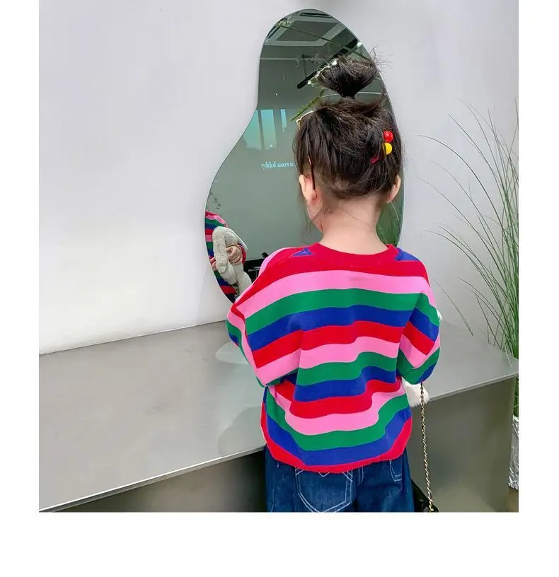 2026 Neuer Frühlings- und Herbststil für 1-8 Jahre alte Mädchen: Gestreifter, modischer, vielseitiger Rundhals-Hoodie mit Regenbogenstreifen – Detail 13