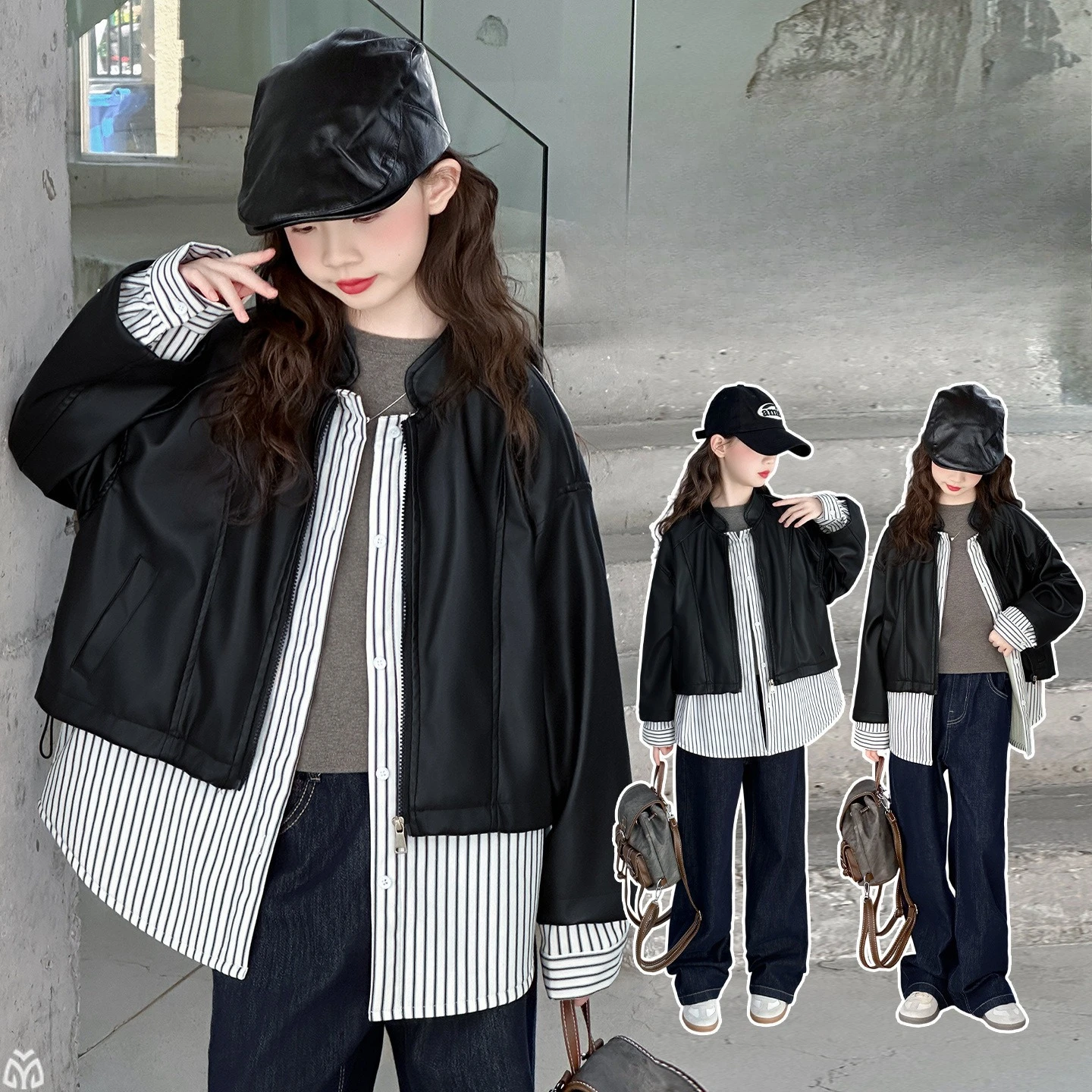 

Girls' autumn outfit 2025 new fake two piece Korean style versatile casual spring and autumn jacket for middle-aged children