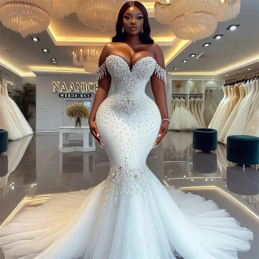 Luxury South African Wedding Dresses Black Girls Mermaid Off The Shoulder Beaded Bridal Gown Vestido De Noiva Customized