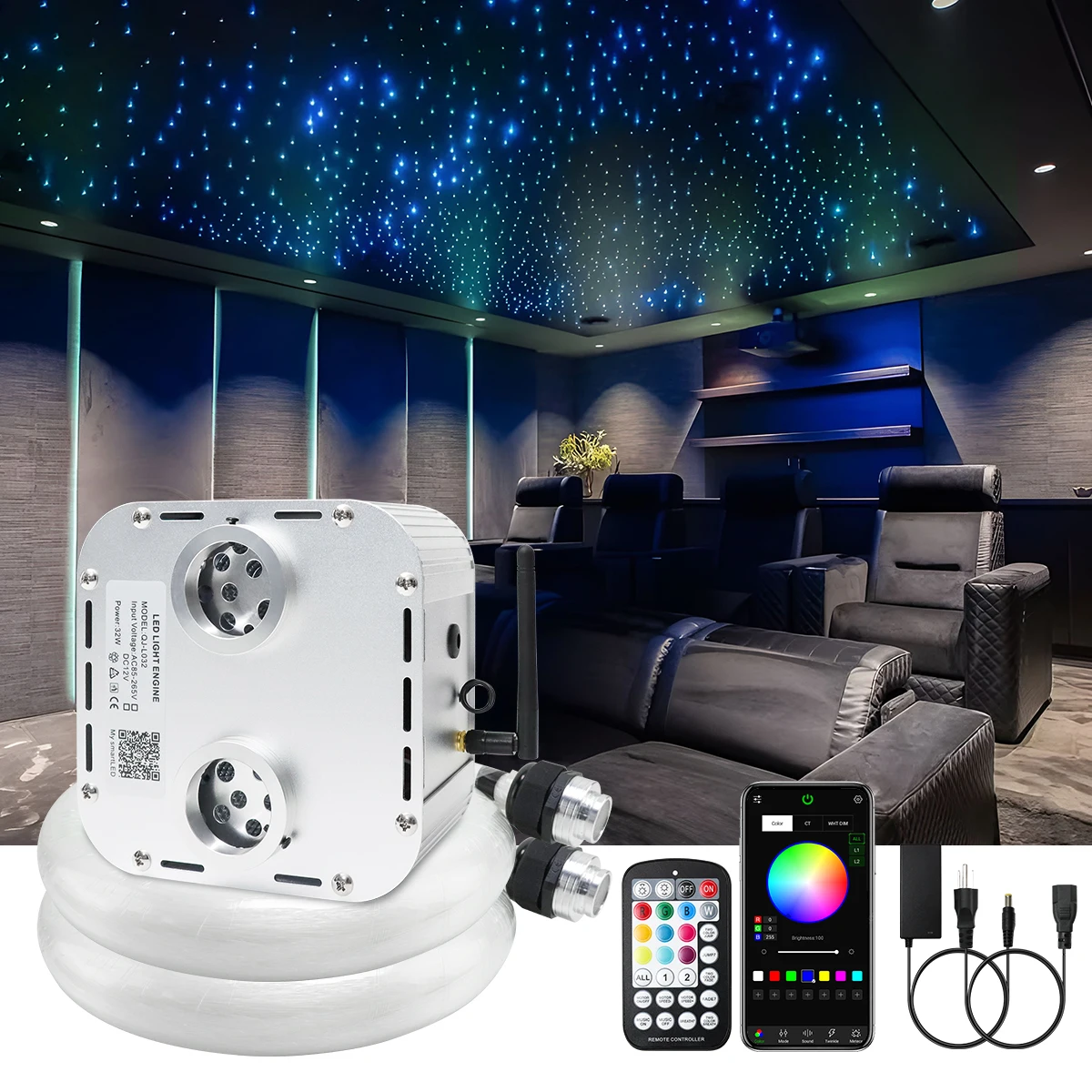 

Двойной цвет, 32 Вт, мерцающие светодиодные оптоволоконные фонари RGBW, комплект с радиочастотным контроллером Smart APP, Satrry sky, потолок на крышу автомобиля