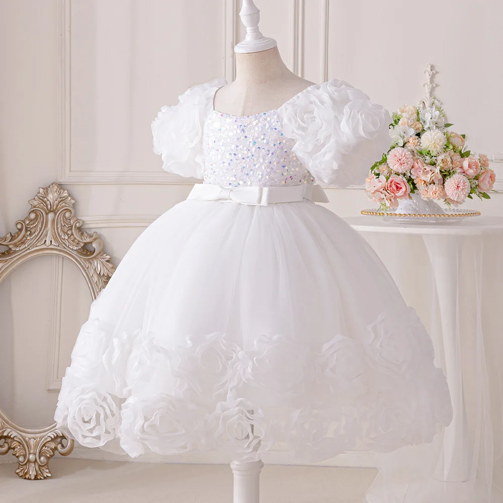 Baby Girl Baptism White Pink Dress Kids Beading 1st Birthday Elegant Baptismal Princess Party Christening Toddler Vestidos Purim