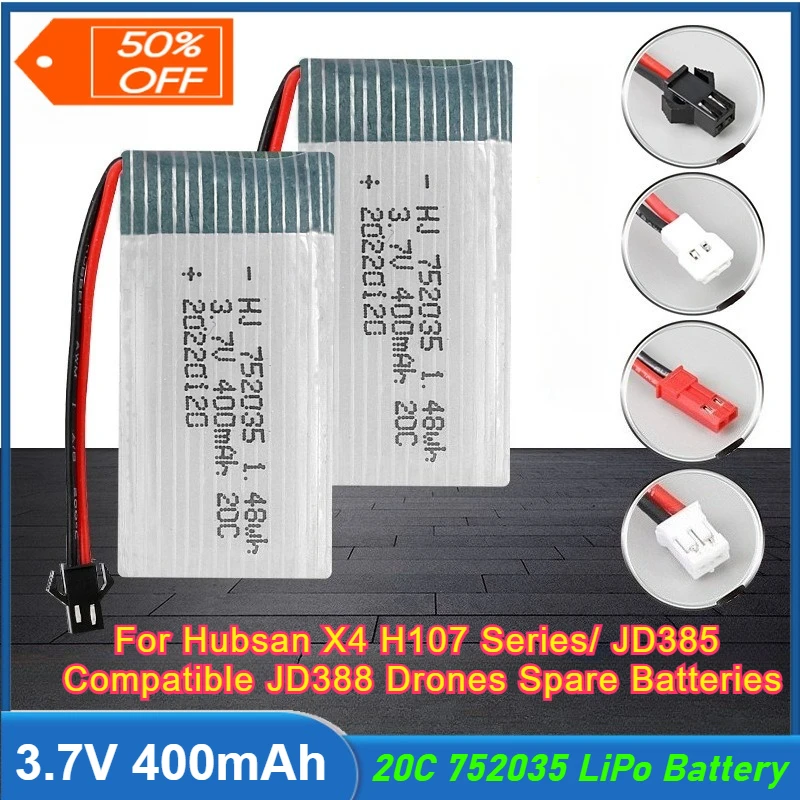 

3.7V 400mAh 752035 LiPo Battery 20C High Discharge Rate for Hubsan X4 H107 Series/ JD385 Compatible JD388 Drones Spare Batteries