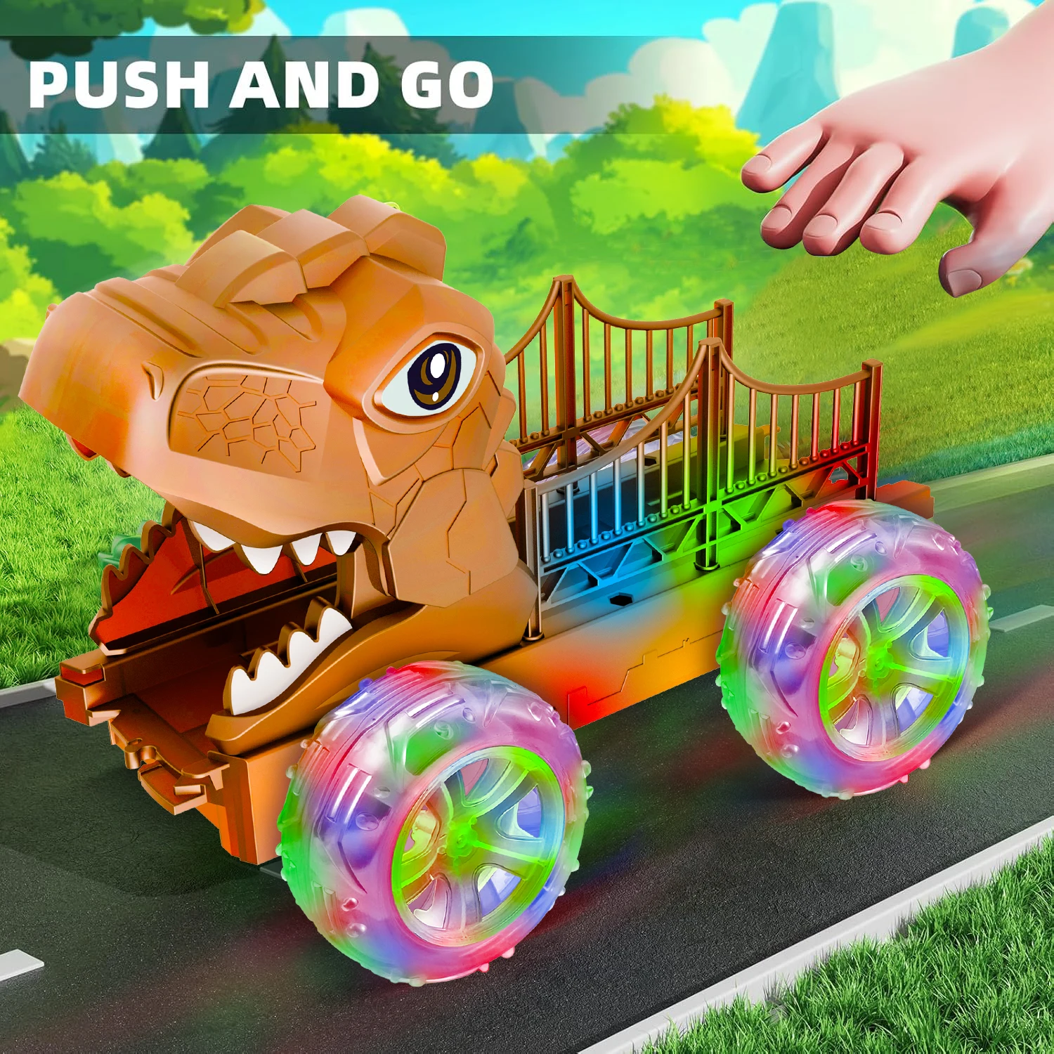 ألعاب شاحنة الديناصورات للأطفال من سن 3 إلى 6 سنوات شاحنة حامل سيارة النقل Tyrannosaurus، مجموعة ألعاب أضواء ملونة LED للأولاد والبنات #2