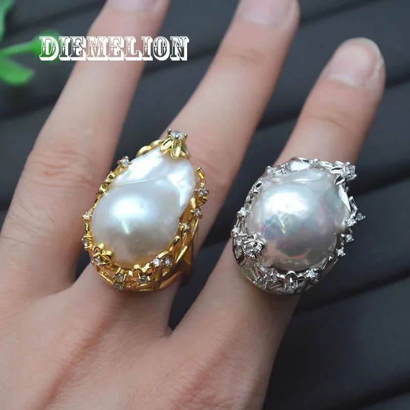 خاتم لؤلؤي كبير غير منتظم للمياه العذبة الطبيعية على الموضة الفاخرة لون ذهبي/فضي خواتم مبالغ فيها قابلة للتغيير للنساء #6