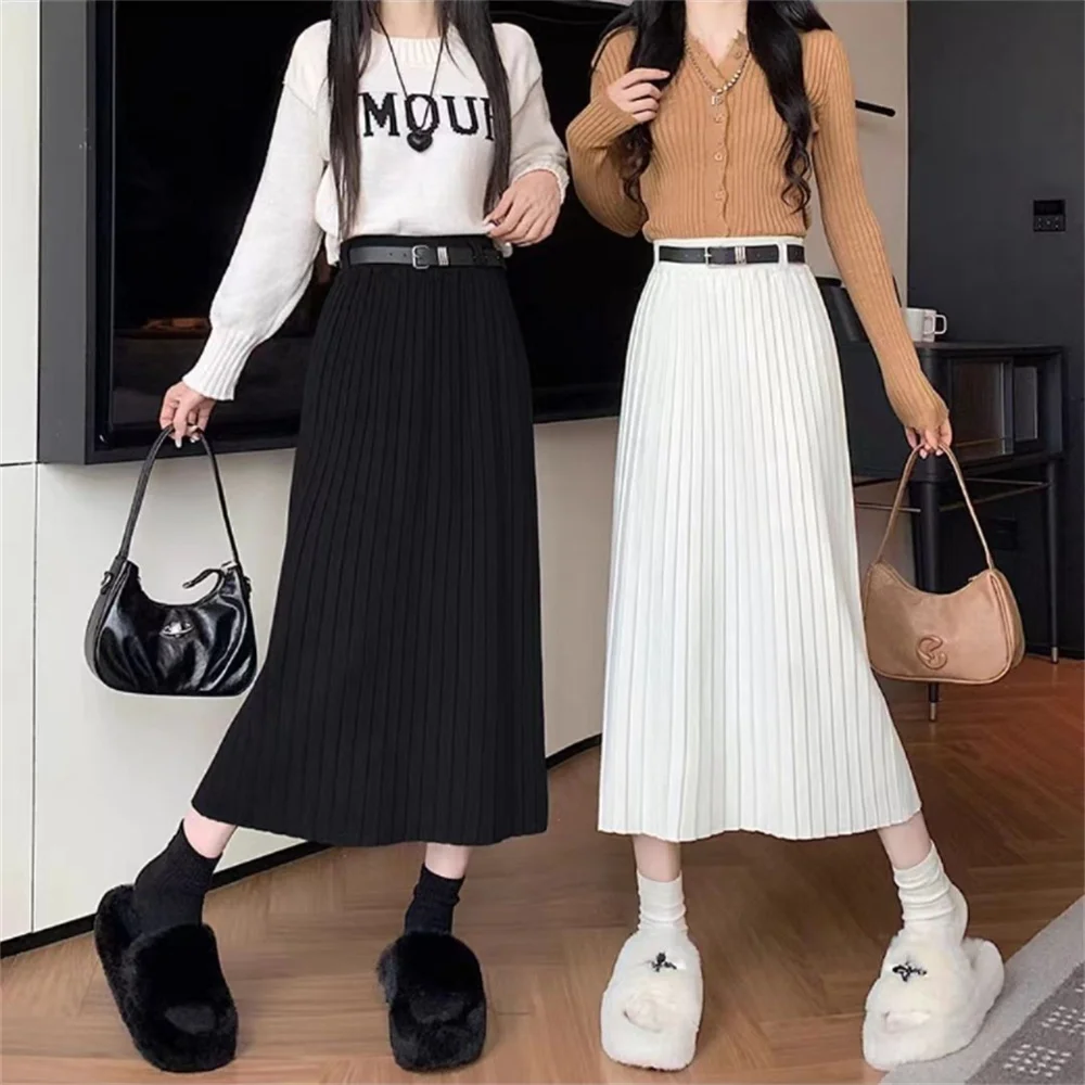 

Fashion Knitted Skirts for Women Autumn Winter Black Pleated Long Skirt High Waist Casual Slim Long Skirt Woman Casual Skirt